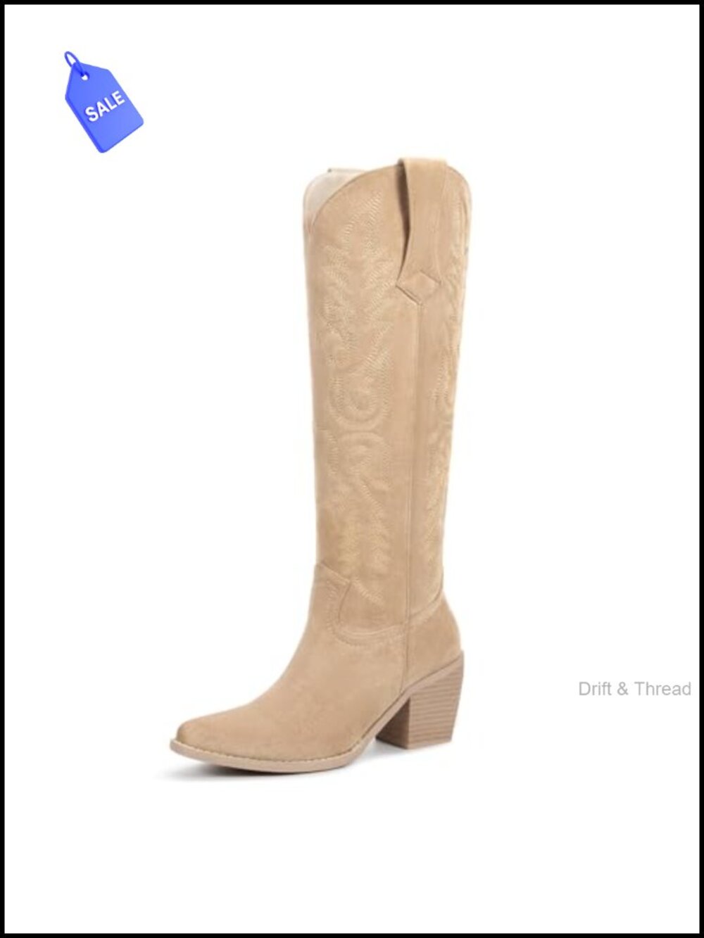 Pointed Toe Knee High Western Cowboy Boots Faux Suede Block Heel